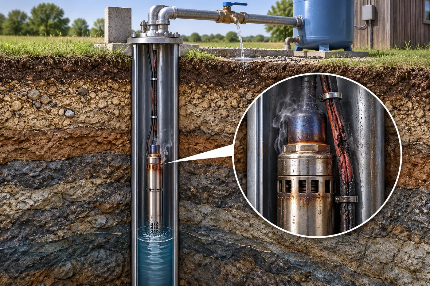 Bomba de pozo profundo con daño por temperatura y falta de agua