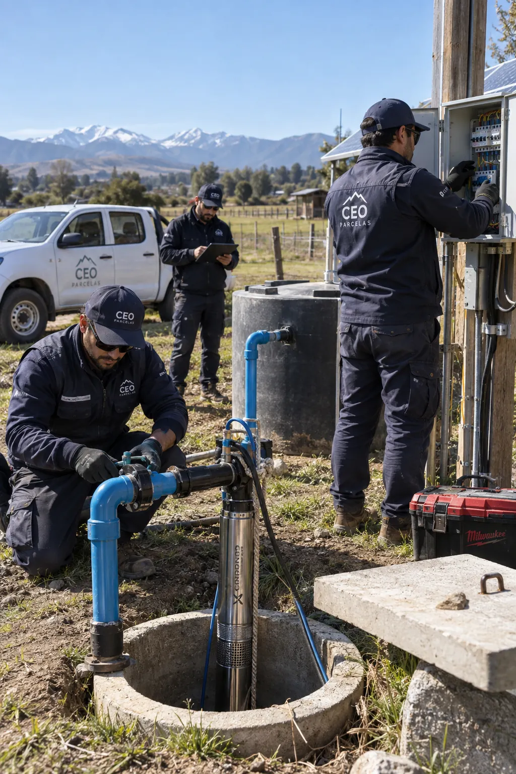 Equipo técnico trabajando en sistema de bombeo y tablero en una parcela