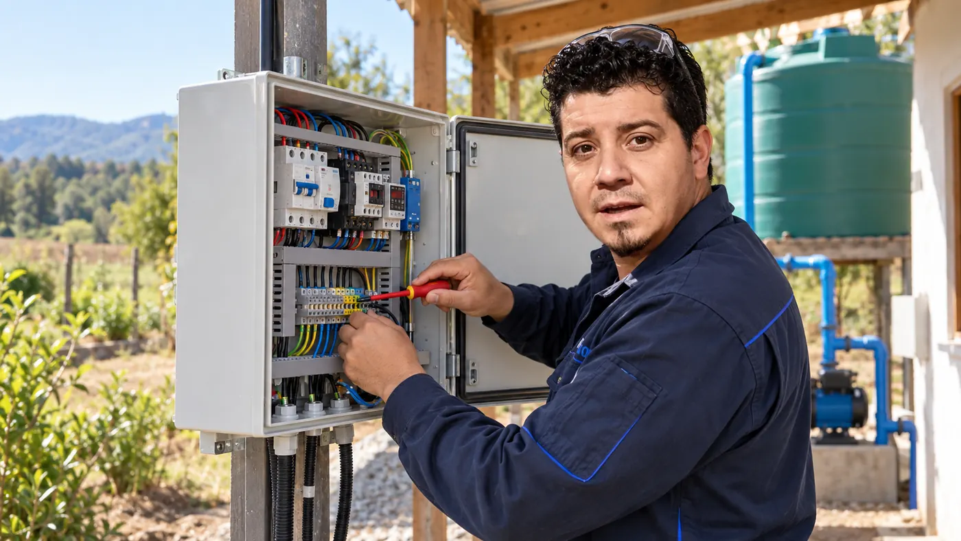Técnico trabajando en tablero eléctrico rural